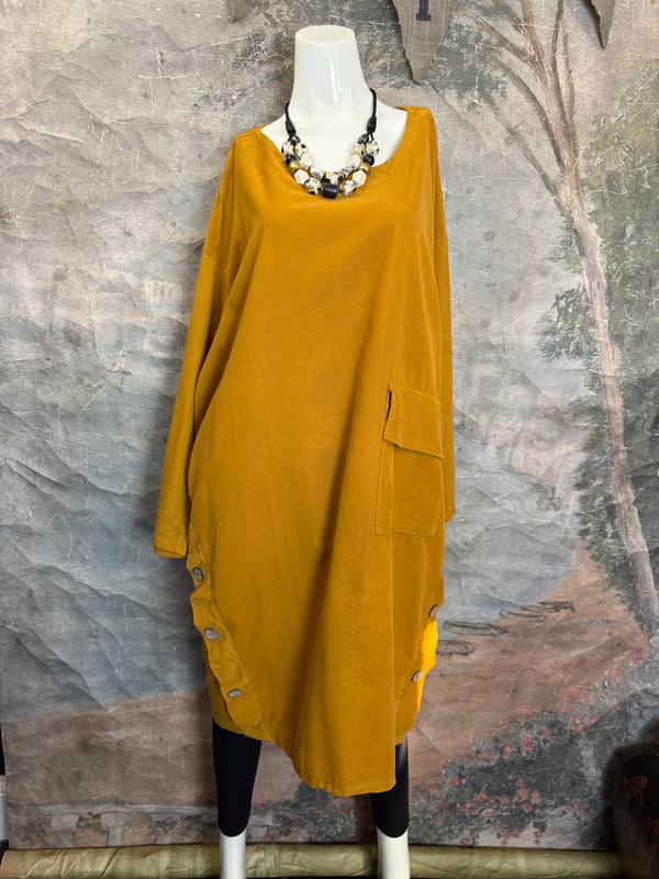 91805 Corduroy Button Dress-Mustard