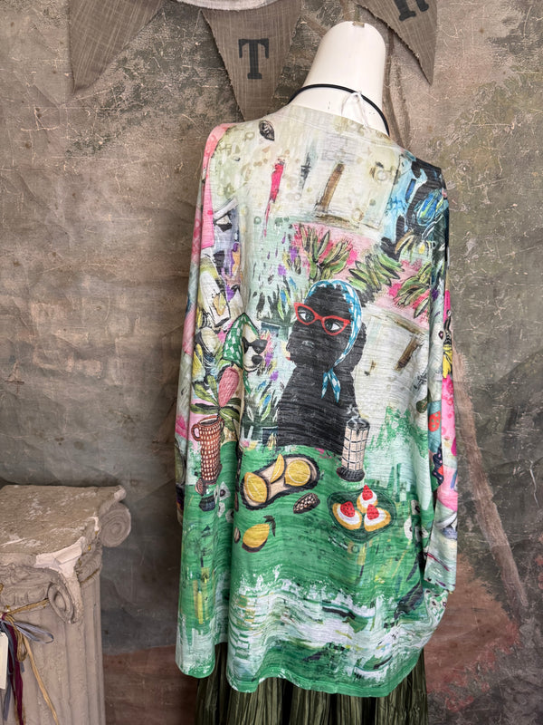 Burnout one size tunic top with whimsical tea party print in green, pink and black with colorful knotted necklace - 11