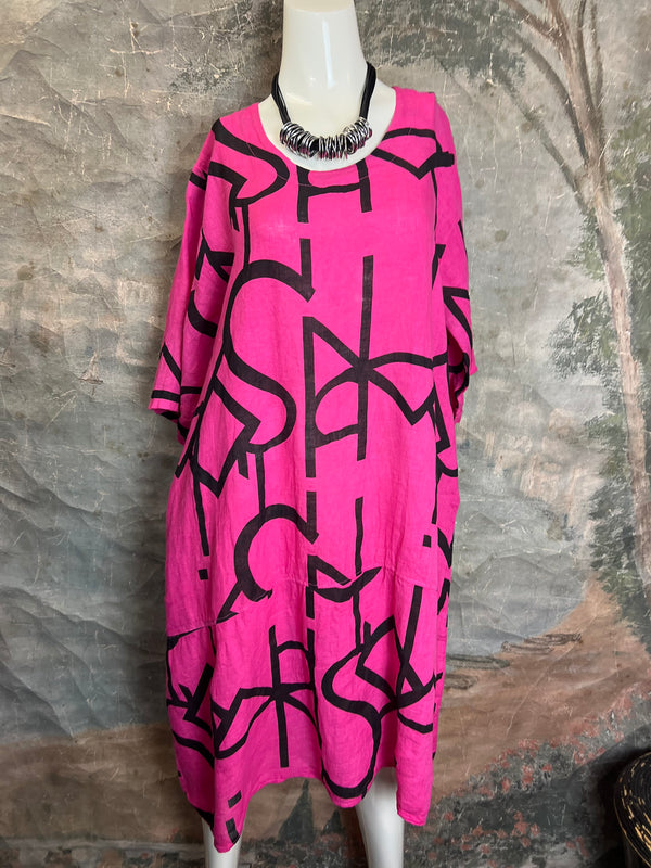 91470 S/Slv Tunic Letter Dress-Fuchsia Pink