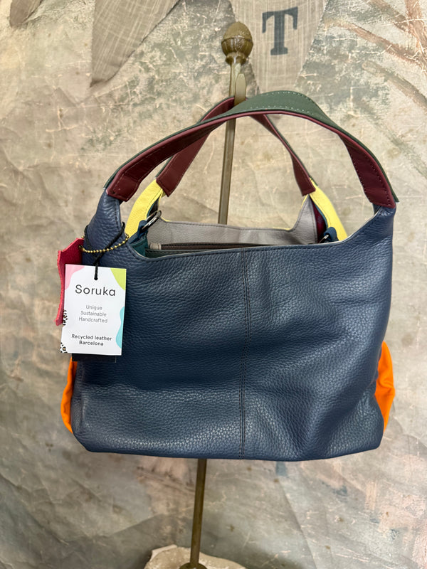 Soruka Agatha navy blue recycled leather crossbody bag with burgundy handle and orange lining, Barcelona handcrafted - 23