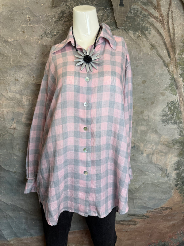 5021 Bettys Linen BF Bow Shirt-PINK/GREY BUFFALO PLAID