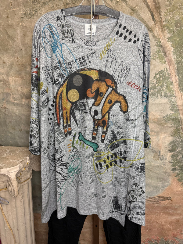Oversized gray crew pullover with colorful graffiti-style dog graphic print, long sleeves, one size fits all - 7