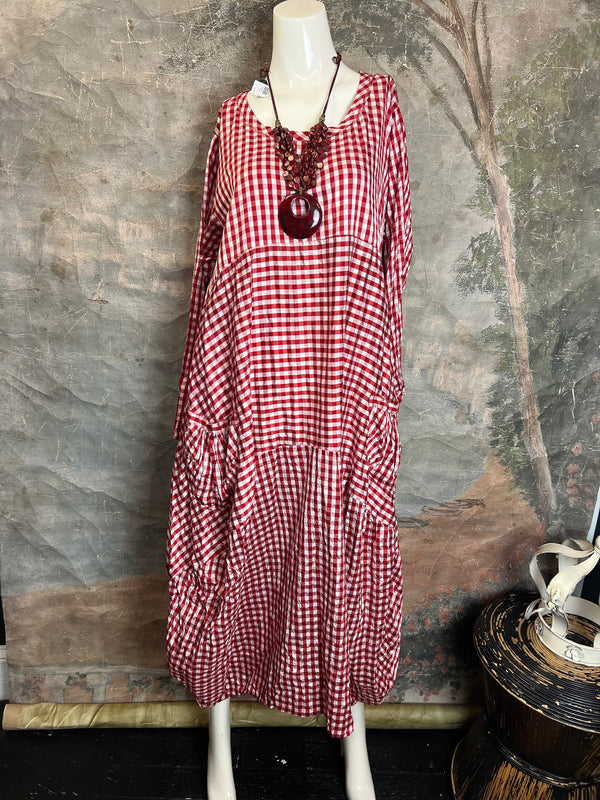 5210 Checked 3 Tier Silk Dress-Red/Check