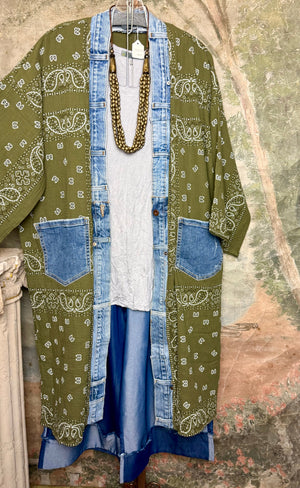 Olive bandana paisley print long kimono cardigan with light blue denim trim and front patch pockets - 13