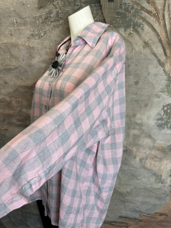 5021 Bettys Linen BF Bow Shirt-PINK/GREY BUFFALO PLAID