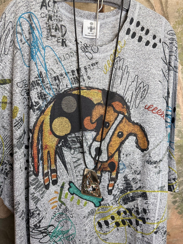 Oversized gray crew pullover with colorful graffiti-style dog graphic print, long sleeves, one size fits all - 6