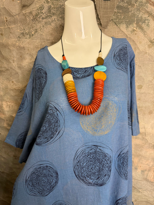 91311A Circles Drawstring Dress-Blue
