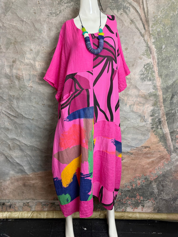 90617P-23 Linen Paint Dress-Fuchsia