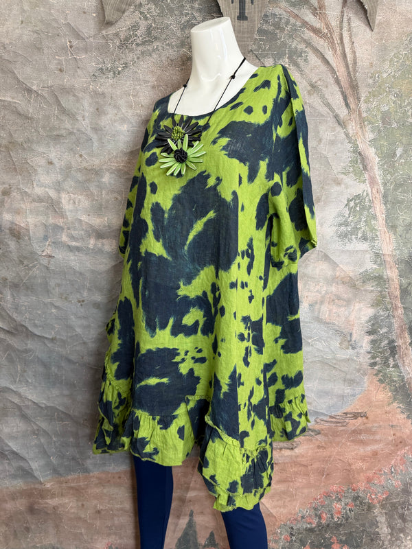 91307T-62 Ruffle Tie-Dye Tunic-Kiwi