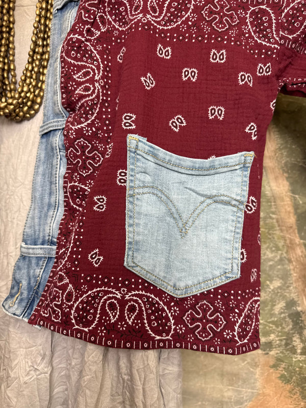 Burgundy bandana print short kimono with denim pocket accents, layered over white top and blue denim skirt with bead nec - 9
