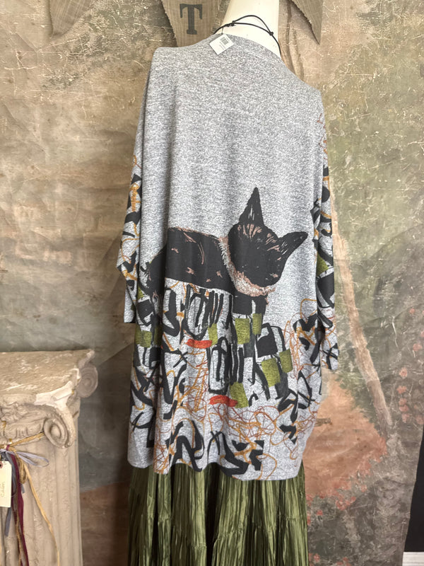 Oversized gray cat print crew pullover tunic with abstract art design on mannequin, styled with olive skirt and neon nec - 16
