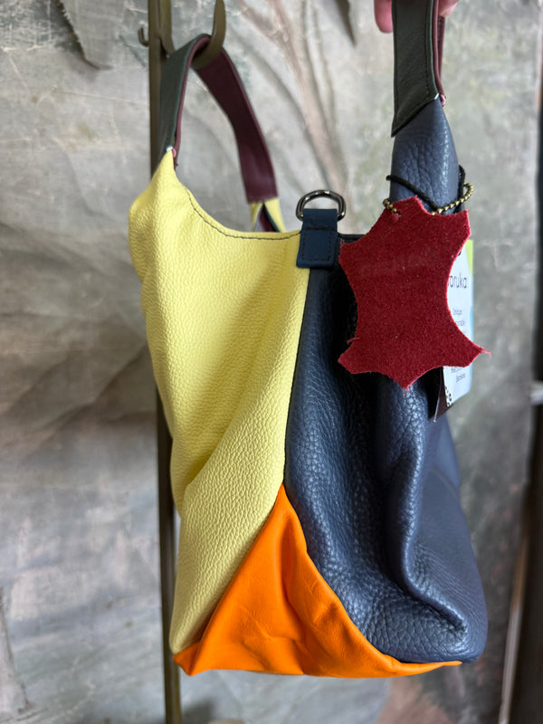 Soruka Agatha navy blue recycled leather crossbody bag with burgundy handle and orange lining, Barcelona handcrafted - 26