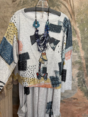 T434F Dolman Sleeve Crewneck Top Mister Patches gray abstract patchwork cat print with blue beaded necklace - 1