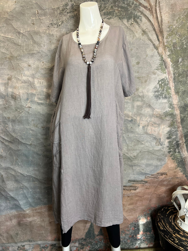 31173GN Linen Tape Accent Dress-Taupe