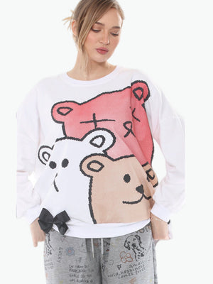 White oversized sweatshirt tee with colorful cartoon teddy bear print and black bow detail, casual kawaii style - 1