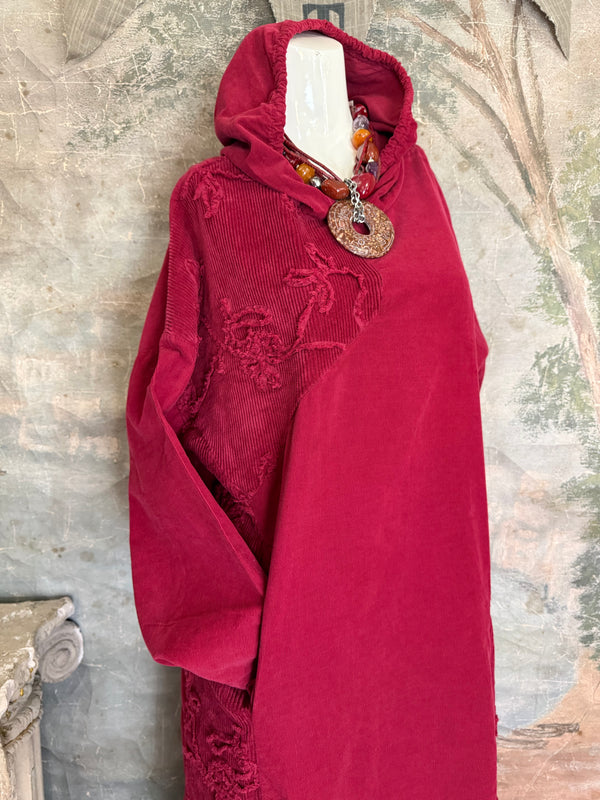 92178-62 Needlework Hoody Dress-Burgundy