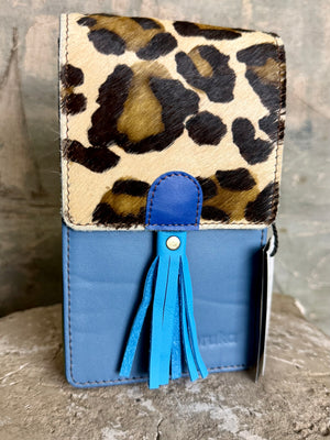 Leopard print hair-on cowhide and blue leather phone bag wallet with tassel closure detail - 1
