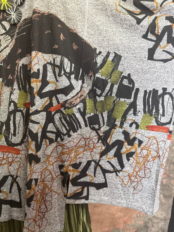 Oversized gray cat print crew pullover tunic with abstract art design on mannequin, styled with olive skirt and neon nec - 13