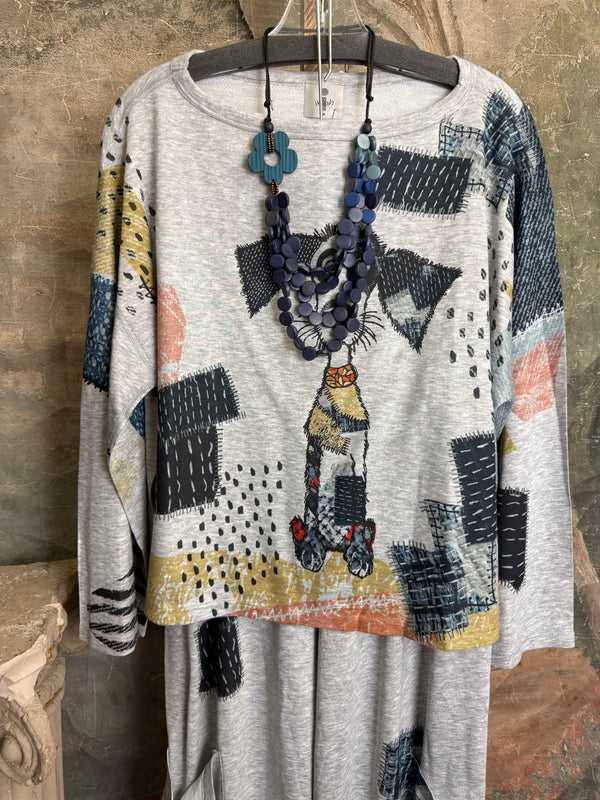 T434F Dolman Sleeve Crewneck Top Mister Patches gray abstract patchwork cat print with blue beaded necklace - 5