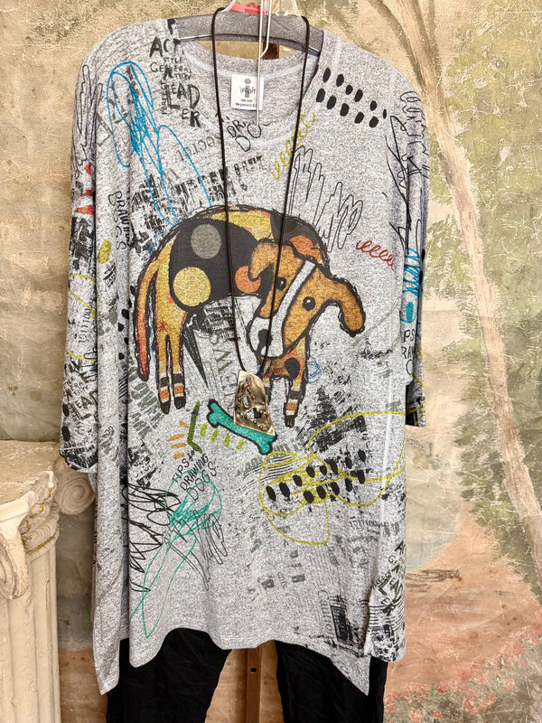 Oversized gray crew pullover with colorful graffiti-style dog graphic print, long sleeves, one size fits all - 1