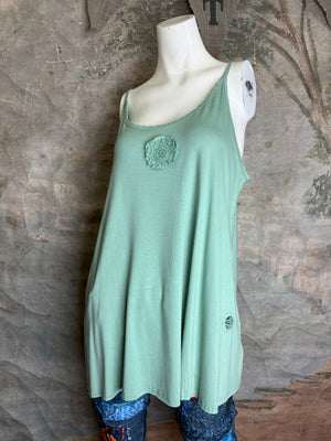 Jade green flowy cami tank top with crochet lace medallion detail and spaghetti straps on mannequin - 2