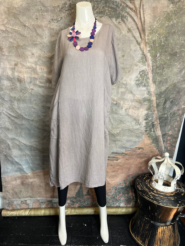 31173GN Linen Tape Accent Dress-Taupe