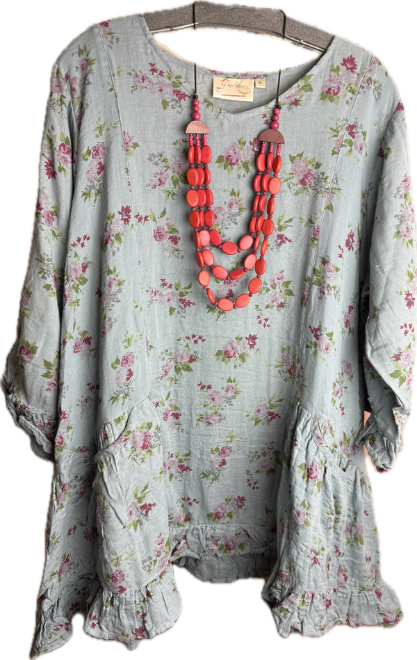 Floral linen tunic dress in sage blue with pink roses, ruffled hem, styled with red beaded layered necklace, size XL - 4