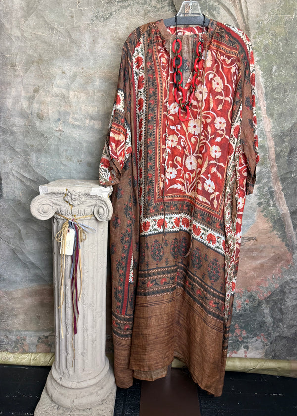 DYM287 Bohemian floral block print poet maxi dress in rust red and brown with chain necklace accent - 6