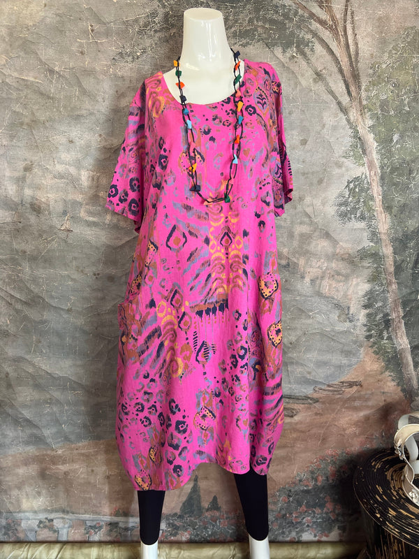 90847 Paint Splotch Print Dress-Fuchsia