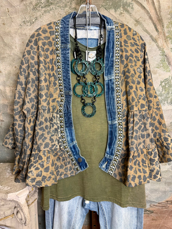 Leopard print Juno Cardigan with denim trim over olive tee and distressed jeans with turquoise ring necklace - 4