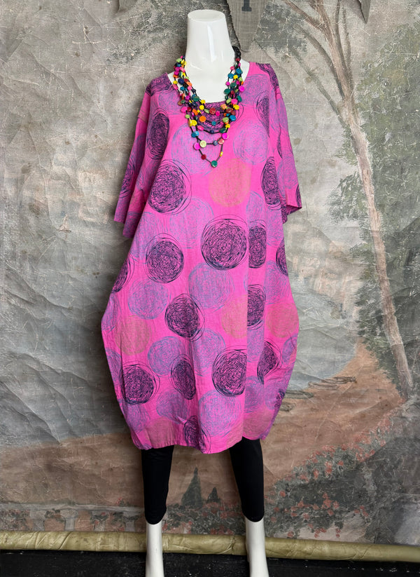 91311A Circles Drawstring Dress-Fuchsia