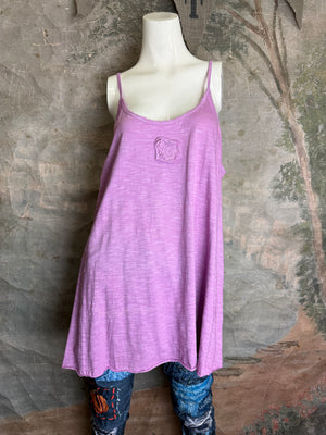 Lilac spaghetti strap cami tank top with raw lace appliqué detail, flowy A-line silhouette on mannequin - 1