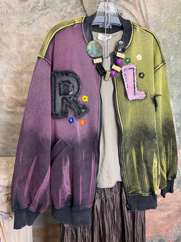 Sequin R&L patch bomber jacket in purple and yellow-green ombre with floral accents, styled with tiered maxi skirt - 10