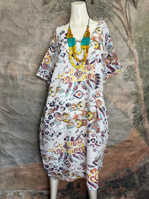 90847 Paint Splotch Print Dress-White
