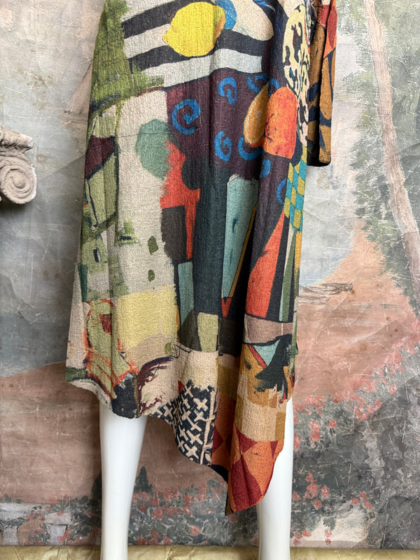 D541 waffle knit cowlneck dress featuring vibrant abstract fruit and geometric mixed print, draped on mannequin - 14