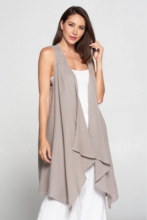Long black sleeveless open front duster vest styled with graphic tee, gingham pants, and black beaded necklace on hanger - 13