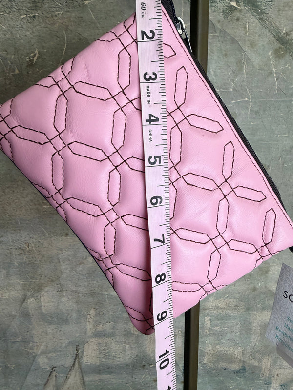 Pink leather quilted crossbody bag with geometric stitching pattern and black adjustable strap on lime green dress - 6