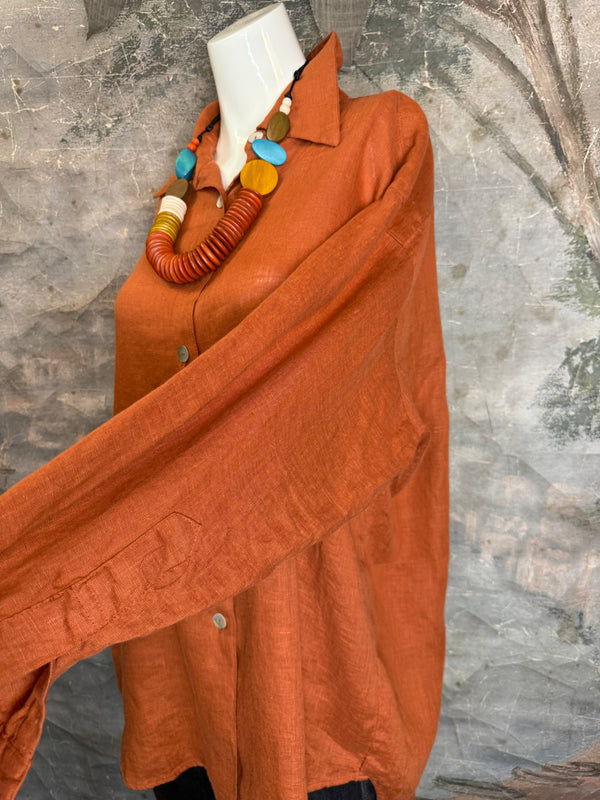 5021 Bettys Linen BF Bow Shirt-BRICK