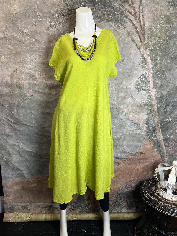 30638 Linen V-neck Flare Dress-Moss Green