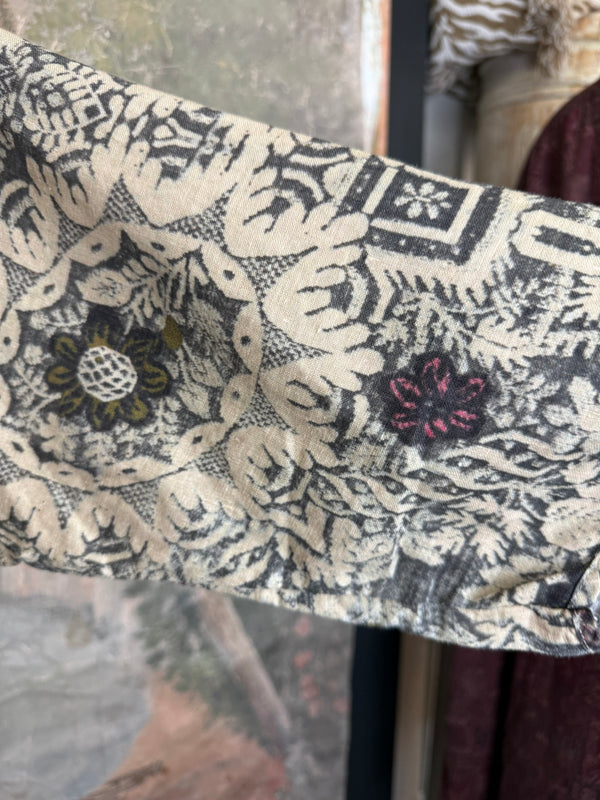 Grey combo floral batik print maxi dress with colorful beaded necklace displayed on hanger, boho boutique style DYM62523 - 8