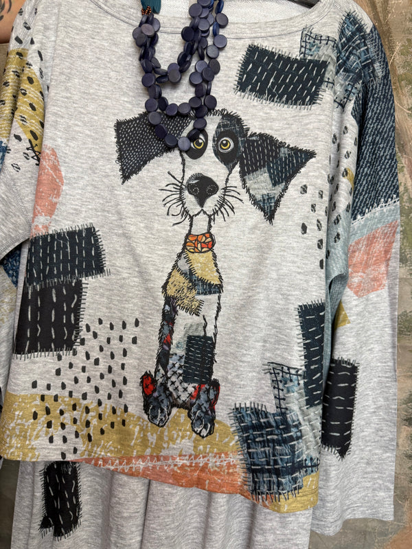 T434F Dolman Sleeve Crewneck Top Mister Patches gray abstract patchwork cat print with blue beaded necklace - 4