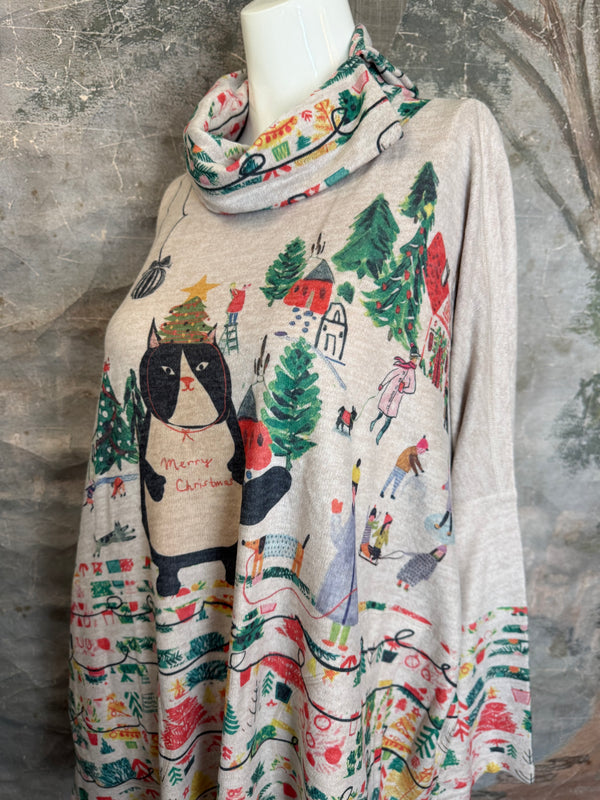 T1097 Cowlneck Dolman Slv Top-Howliday Greetings