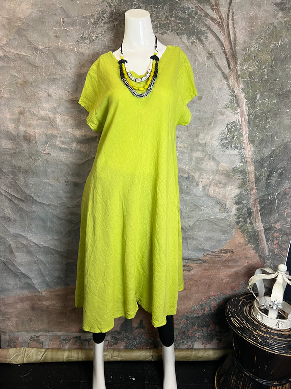 30638 Linen V-neck Flare Dress-Moss Green