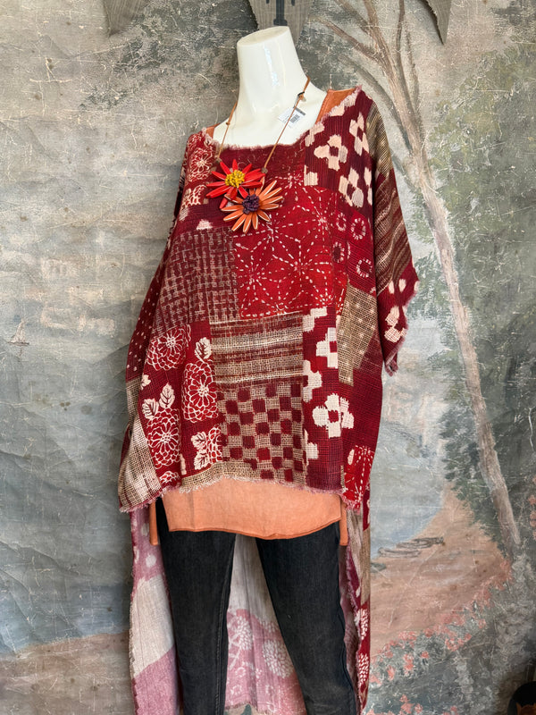 782 High Low Linen Tunic Top-Red/LOVE