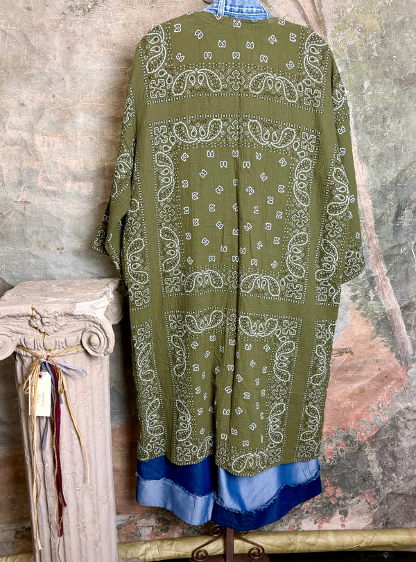 Olive bandana paisley print long kimono cardigan with light blue denim trim and front patch pockets - 8