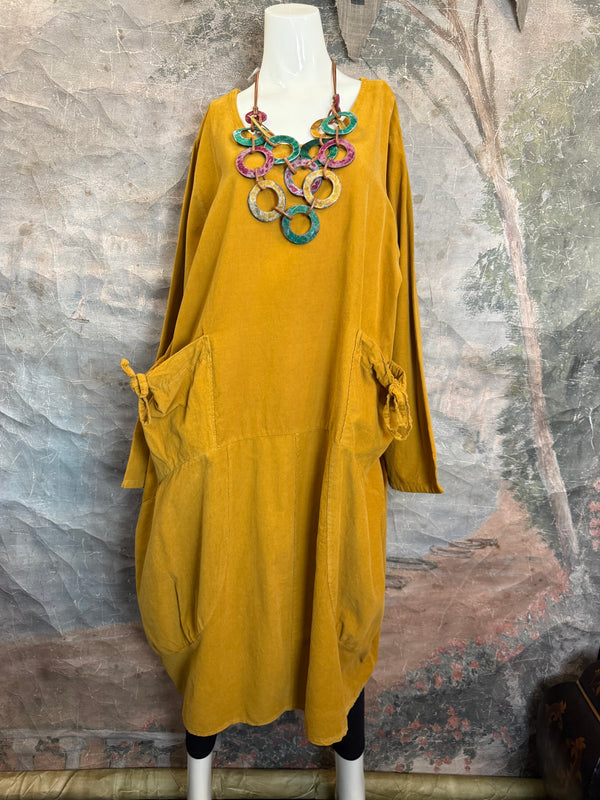 92003 Corduroy Pocket Dress-Mustard