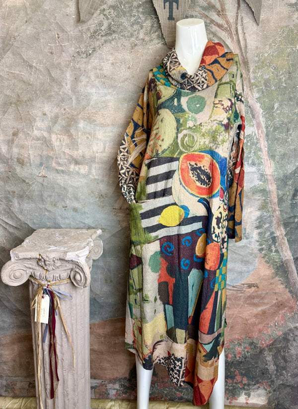 D541 waffle knit cowlneck dress featuring vibrant abstract fruit and geometric mixed print, draped on mannequin - 2
