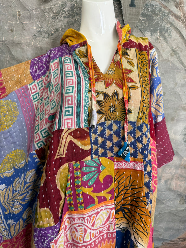 1012w Kantha Poncho Hoodie Dress-3