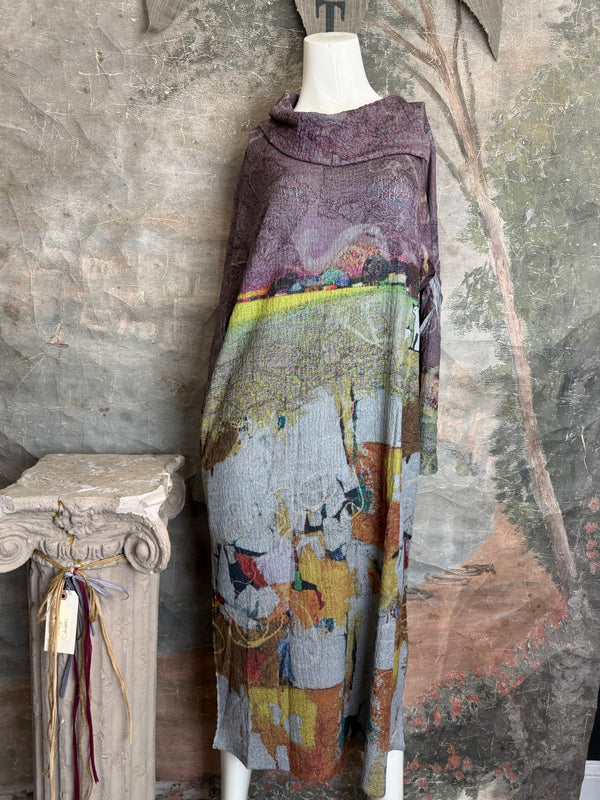 D540 Waffle Knit Cowlneck Dress in colorful abstract cat print with long sleeves and midi length - 16