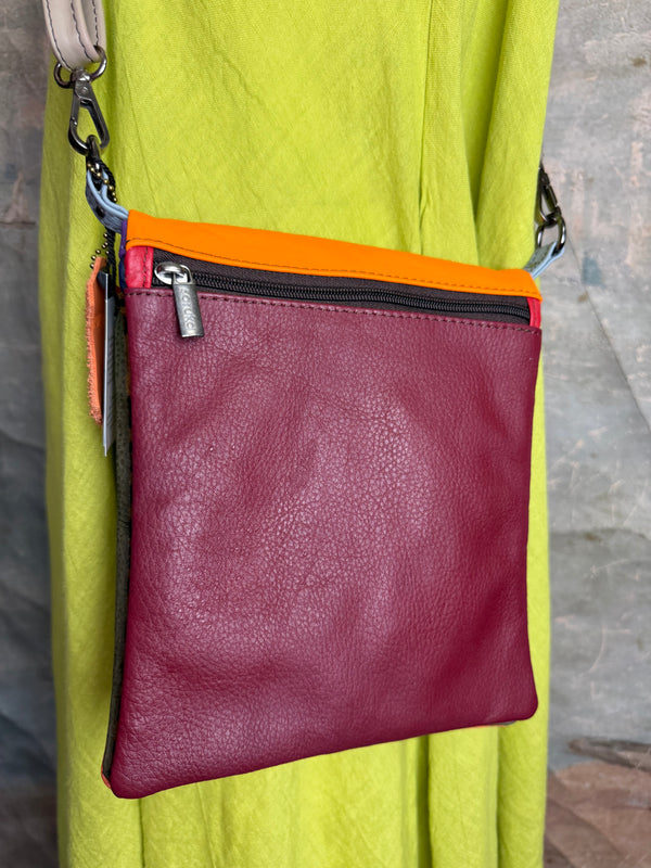 Soruka burgundy leather crossbody bag with orange trim and silver zipper, colorblock mini purse with chain strap - 12